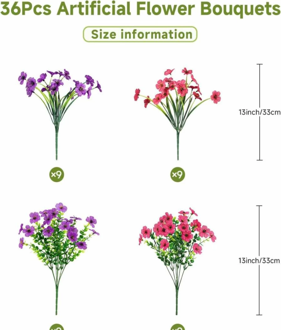 Alupssuc 24 Pack UV Resistant Artificial Flowers Outdoor Decor, Faux Silk Violet Eucalyptus Plants for Patio, Yard, Porch, Indoor - Spring Mix (4 Colors)