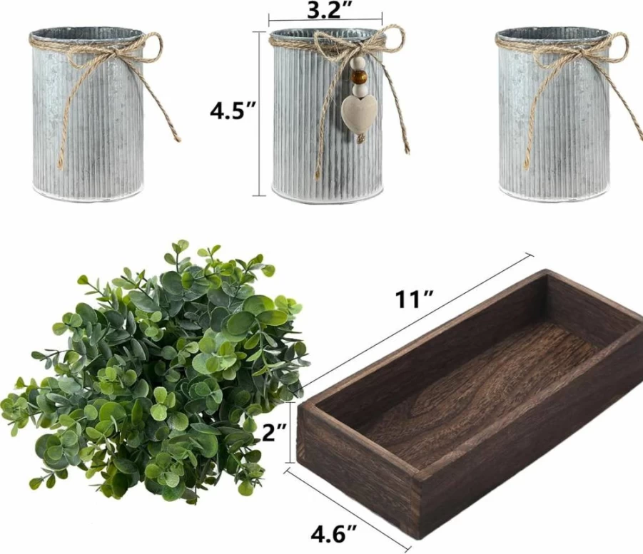 HEMYLU Artificial Flower Centerpiece Set - 3 Fake Milan Bouquets with Wood Tray for Table, Desk, Home, Bathroom, and Office Decor