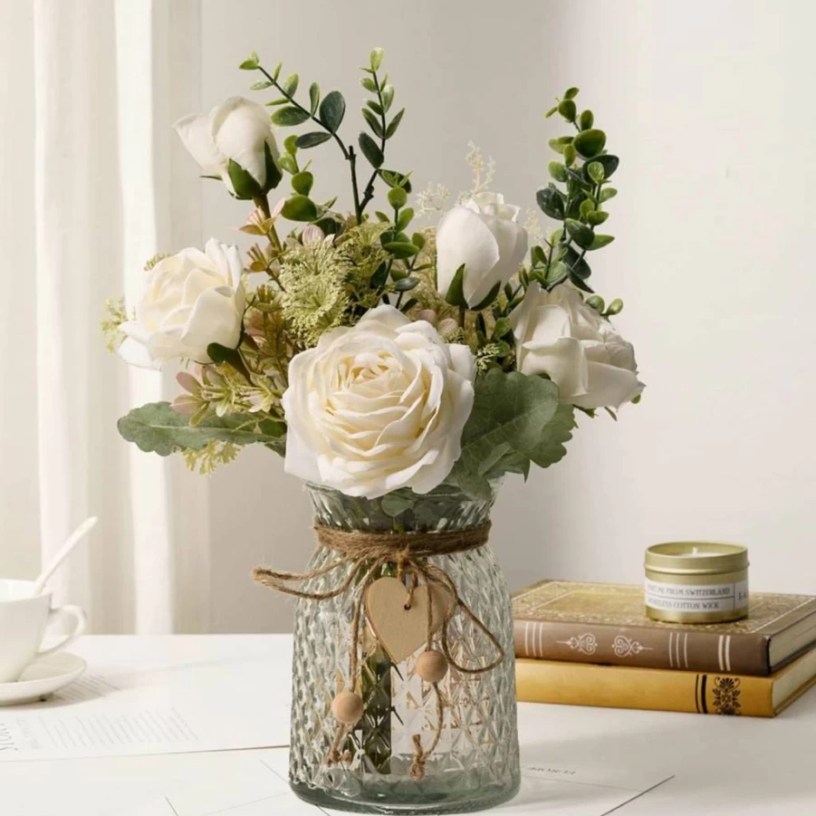 YJ White Silk Rose Artificial Flowers in Vase - Faux Flower Arrangement for Home Office Decor, Dining Table Centerpiece