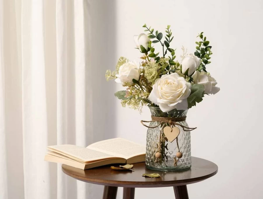 YJ White Silk Rose Artificial Flowers in Vase - Faux Flower Arrangement for Home Office Decor, Dining Table Centerpiece
