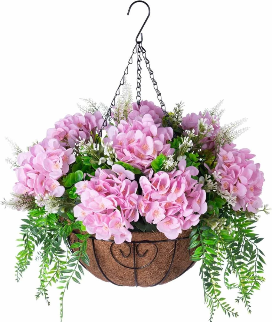 Ammyoo Light Green Silk Hydrangea Hanging Basket - 12" Artificial Flowers for Indoor Outdoor Home Decor, Spring Summer Hanging Planter with Metal Coconut Lining