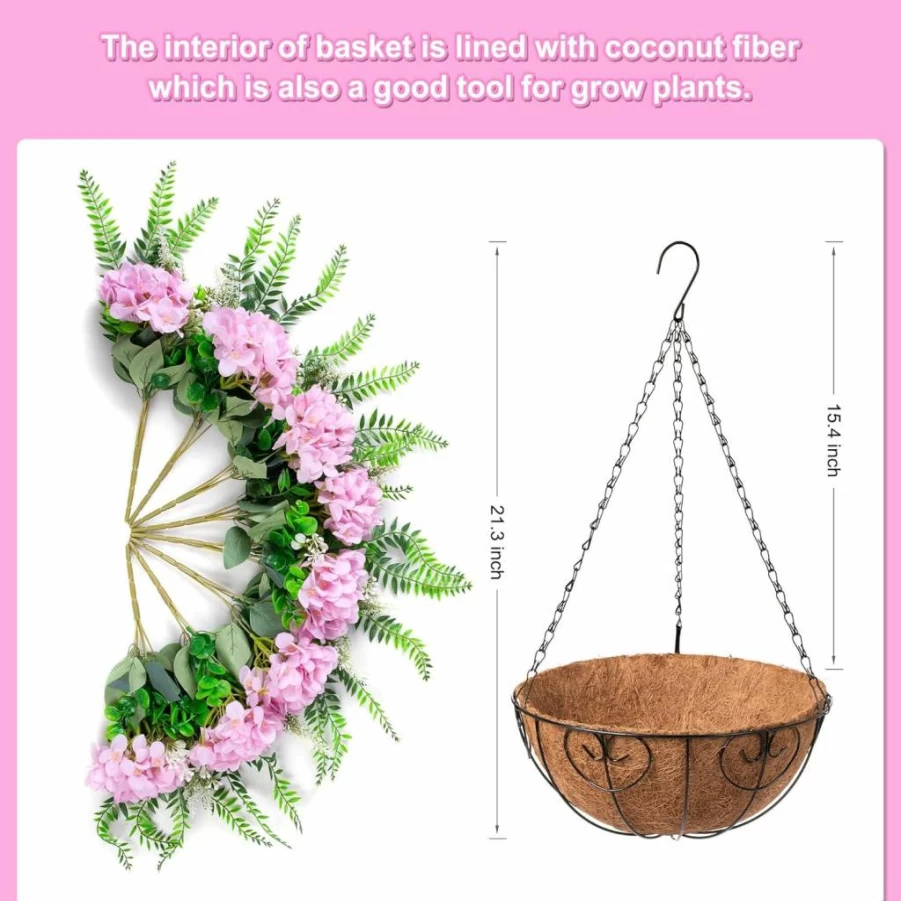 Ammyoo Light Green Silk Hydrangea Hanging Basket - 12" Artificial Flowers for Indoor Outdoor Home Decor, Spring Summer Hanging Planter with Metal Coconut Lining