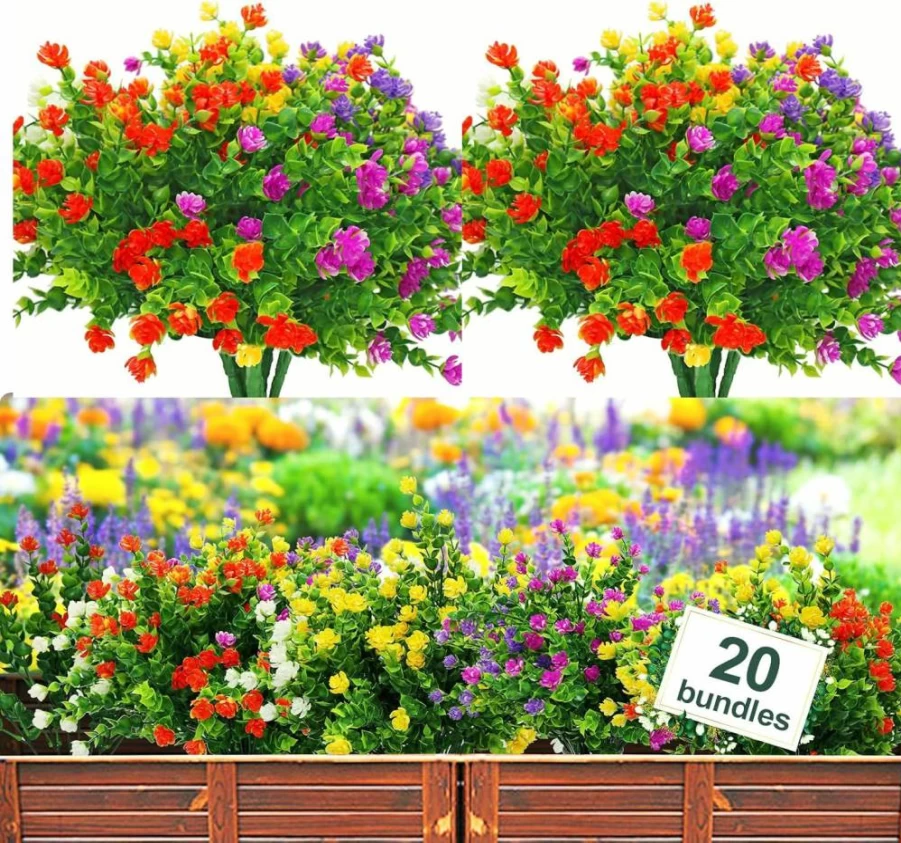 YIBUKIY 20 Pack UV Resistant Artificial Flowers Outdoor Fake Plants, Faux Plastic Greenery Shrubs for Hanging Planters, Garden, Porch, Window Box Decor, Indoor Home Decoration, 5 Color Options