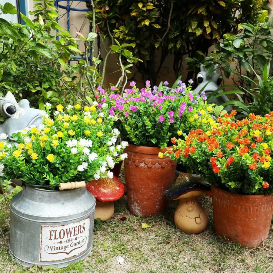 YIBUKIY 20 Pack UV Resistant Artificial Flowers Outdoor Fake Plants, Faux Plastic Greenery Shrubs for Hanging Planters, Garden, Porch, Window Box Decor, Indoor Home Decoration, 5 Color Options