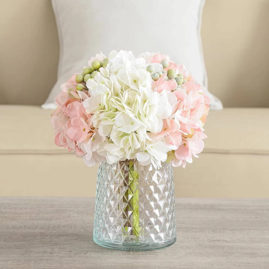 Wracra Artificial Hydrangea Flowers in Glass Vase - Silk Floral Arrangement for Home, Office, Dining Table Centerpiece Decor