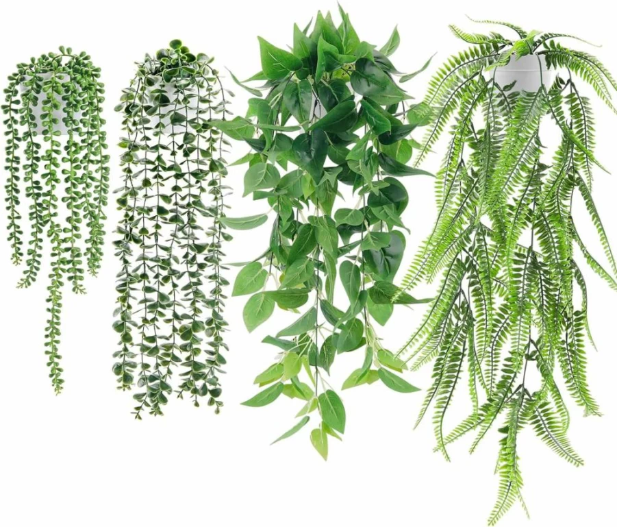 Der Rose 4Pcs Artificial Hanging Plants Set - Fake Ivy Vine, Faux Eucalyptus, Boston Fern, String of Pearls for Indoor Outdoor Boho Home Decor