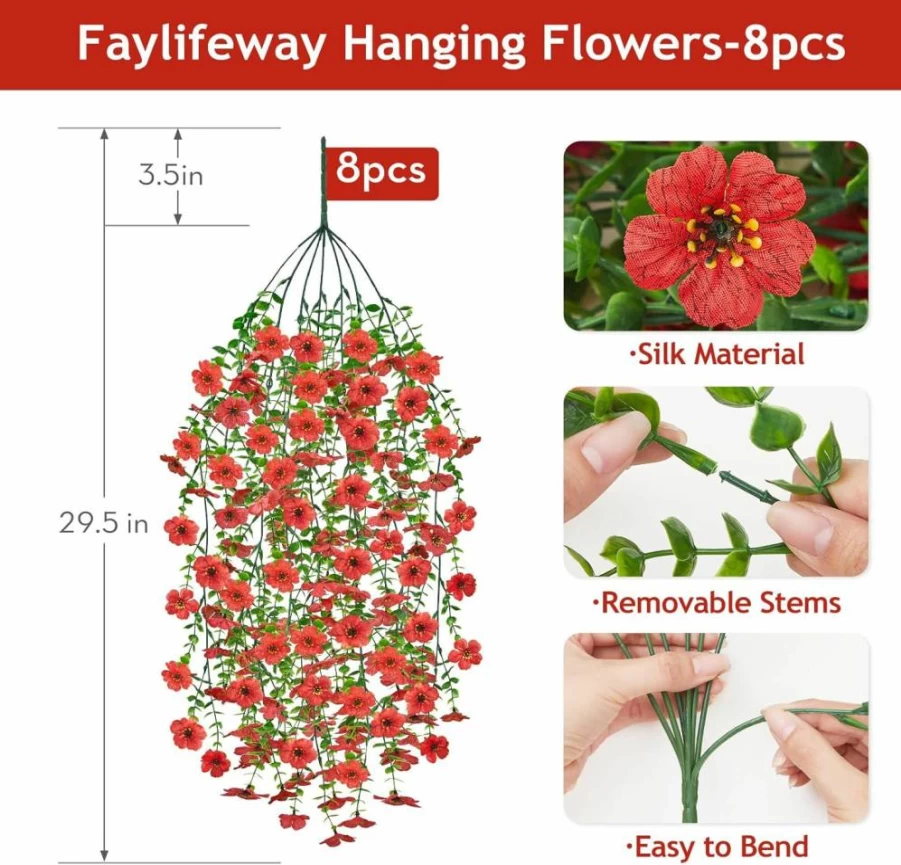 Faylifeway 4PCS UV Resistant Artificial Hanging Flowers for Outdoor Decor - Faux Silk Hanging Plants for Garden, Porch, Window (Spring Summer Colors)
