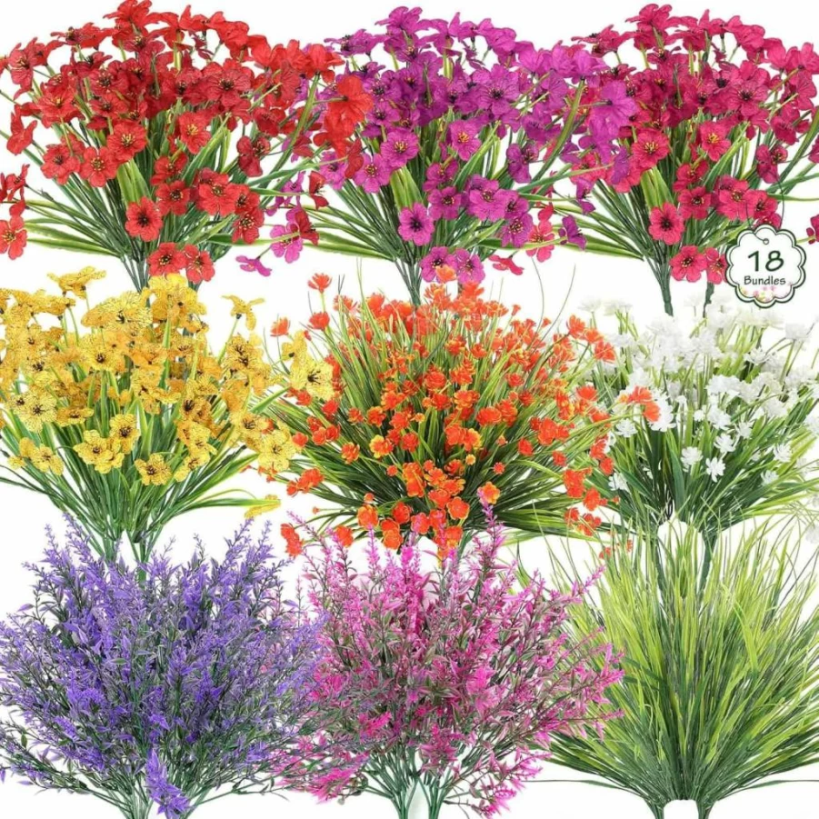 Dexpinzo 18 Bundles UV Resistant Artificial Flowers for Outdoor Decor, Realistic Fake Plants for Garden, Patio, Porch, Window Box & Hanging Basket - Spring Summer Faux Shrubs