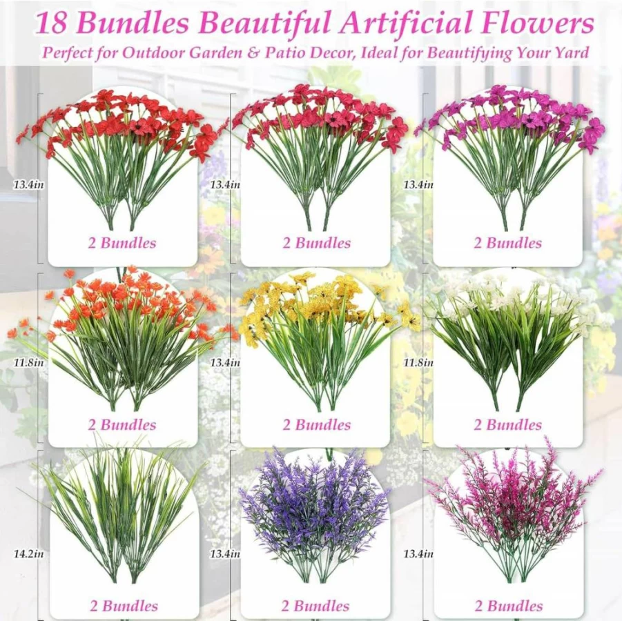 Dexpinzo 18 Bundles UV Resistant Artificial Flowers for Outdoor Decor, Realistic Fake Plants for Garden, Patio, Porch, Window Box & Hanging Basket - Spring Summer Faux Shrubs