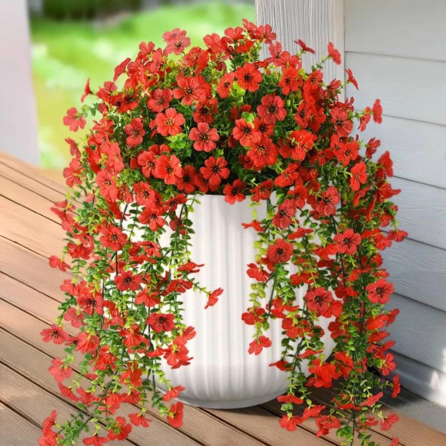 Hommyea 2 Pack UV Resistant Artificial Hanging Flowers for Outdoor Decor - Double Purple Faux Plants for Porch, Patio, Garden & Front Door (Spring Summer Hanging Basket)