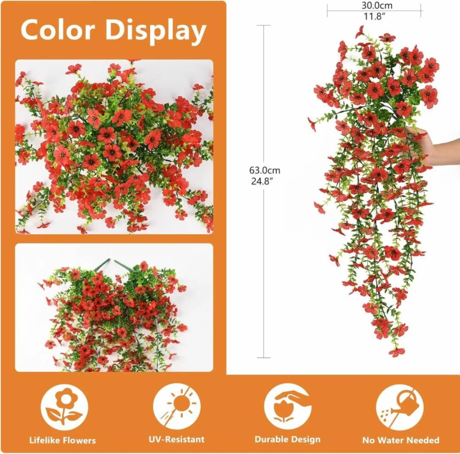 Hommyea 2 Pack UV Resistant Artificial Hanging Flowers for Outdoor Decor - Double Purple Faux Plants for Porch, Patio, Garden & Front Door (Spring Summer Hanging Basket)