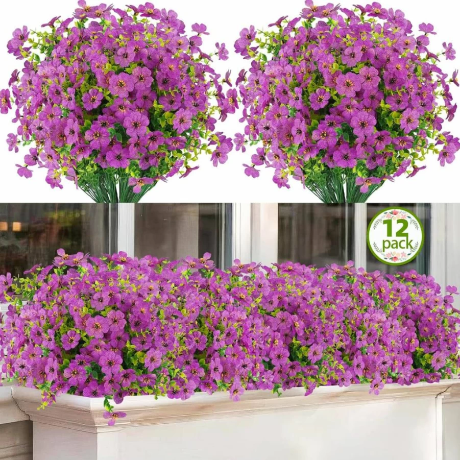 ATTGREART 12 Pack UV Resistant Artificial Flowers for Outdoor - Faux Plastic Greenery Plants for Patio, Garden, Hanging Planter, Home & Vase Decor (White)