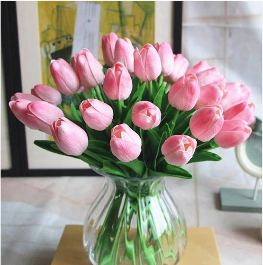 SHINE-CO LIGHTING Artificial Pink Tulips 10Pcs - Real Touch Fake Flowers for Home, Office, Wedding Decor - Lifelike Bouquet Arrangement