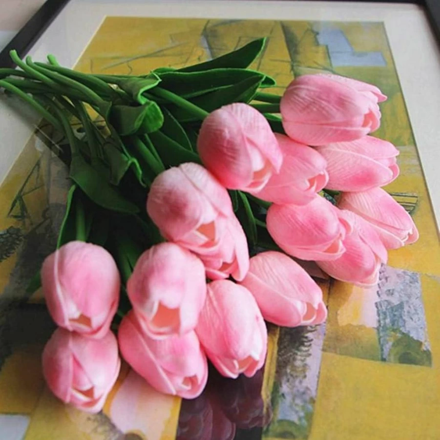 SHINE-CO LIGHTING Artificial Pink Tulips 10Pcs - Real Touch Fake Flowers for Home, Office, Wedding Decor - Lifelike Bouquet Arrangement