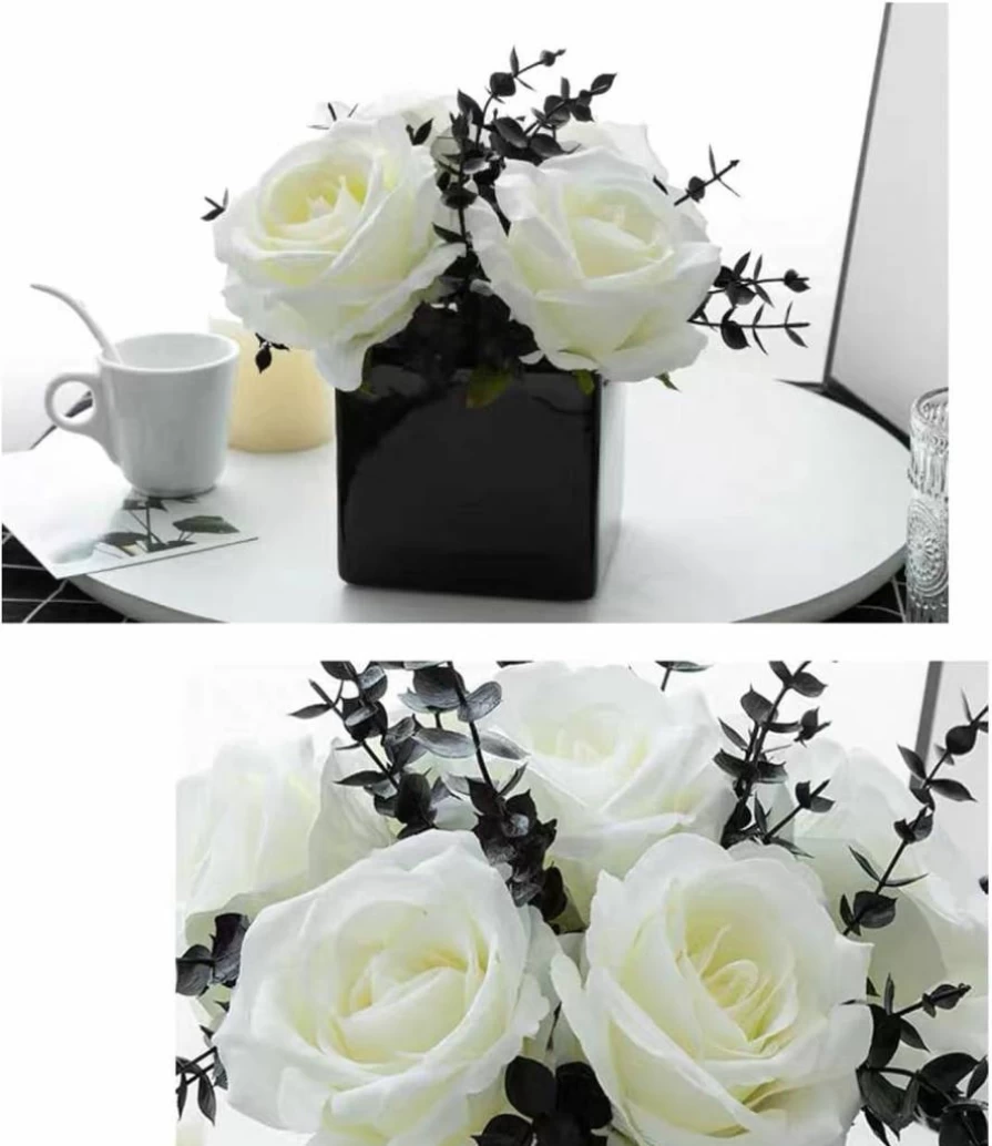 LADADA White Artificial Roses in Small Ceramic Vases - Realistic Fake Flowers for Home, Office, Wedding, and Table Decorations