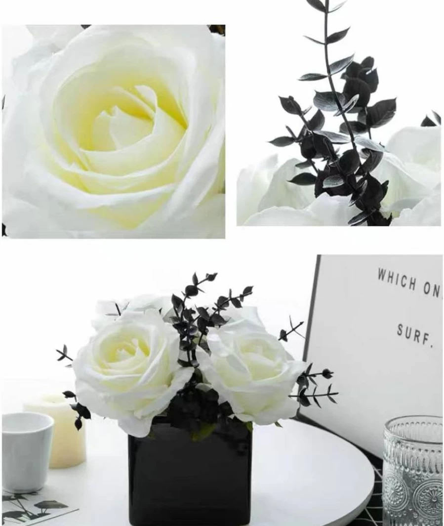 LADADA White Artificial Roses in Small Ceramic Vases - Realistic Fake Flowers for Home, Office, Wedding, and Table Decorations