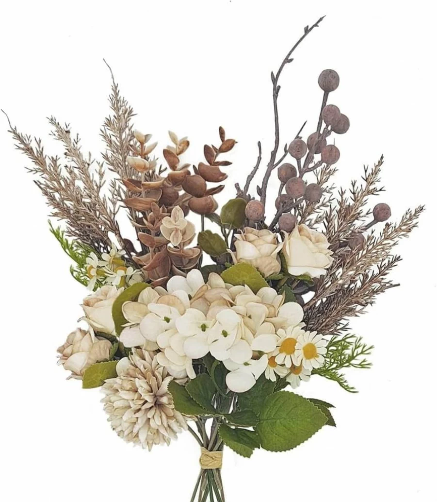 12-Inch Peauley Artificial Silk Flower Bouquet for Autumn Table Arrangements - Roses, Dandelions, Hydrangea, Daisies, Eucalyptus, Hollyberries