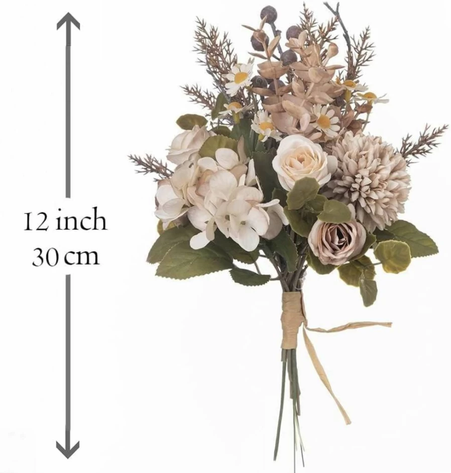 12-Inch Peauley Artificial Silk Flower Bouquet for Autumn Table Arrangements - Roses, Dandelions, Hydrangea, Daisies, Eucalyptus, Hollyberries