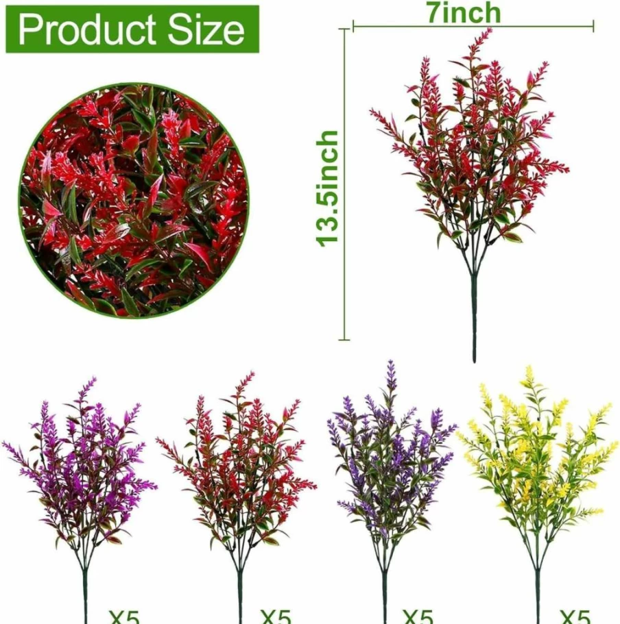 TURNMEON 20 Bundles UV Resistant Artificial Lavender Flowers for Outdoor Decor, Faux Plastic Plants for Wedding, Home, Office, Porch, Yard, and Cemetery Centerpieces (Mixed Colors)