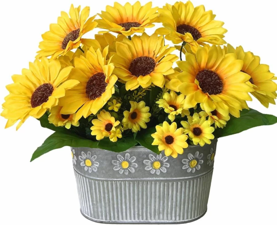 Hopeme Artificial Sunflowers in Pot - Faux Silk Floral Centerpiece for Farmhouse Decor, Rustic Potted Greenery Home Decoration