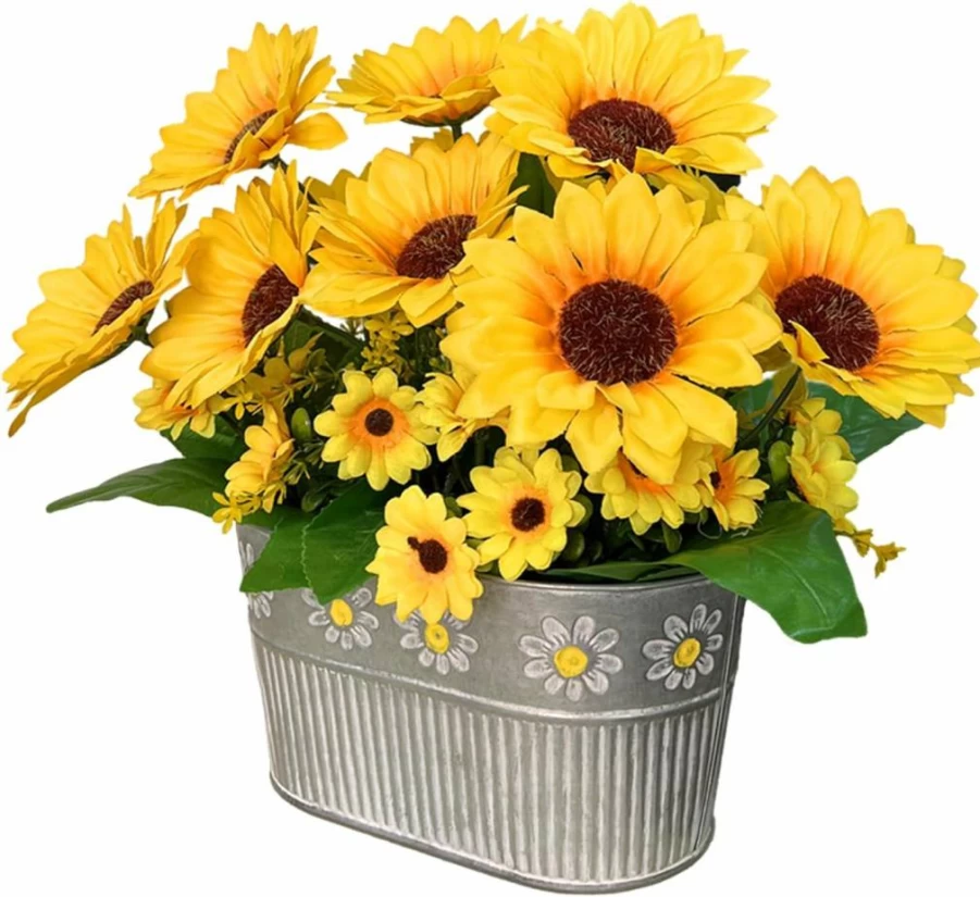 Hopeme Artificial Sunflowers in Pot - Faux Silk Floral Centerpiece for Farmhouse Decor, Rustic Potted Greenery Home Decoration