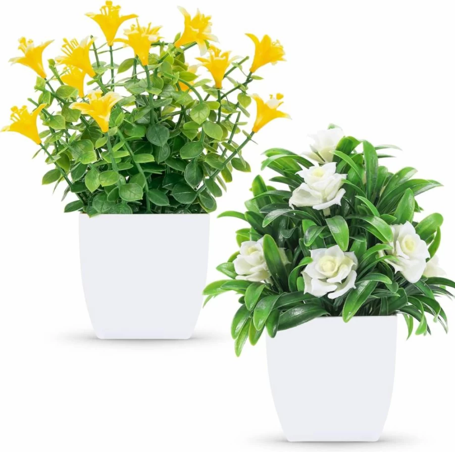 Der Rose 2 Pack Mini Artificial Faux Plants with Flowers for Home, Office, Table Decor - Farmhouse Indoor Fake Plants