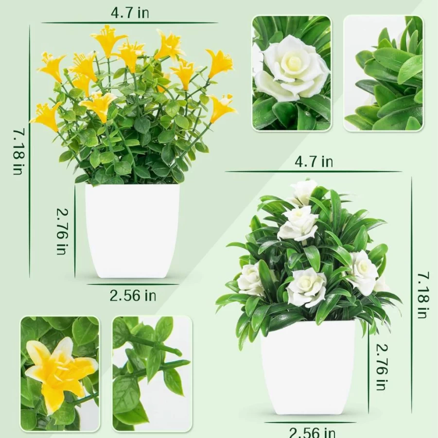 Der Rose 2 Pack Mini Artificial Faux Plants with Flowers for Home, Office, Table Decor - Farmhouse Indoor Fake Plants