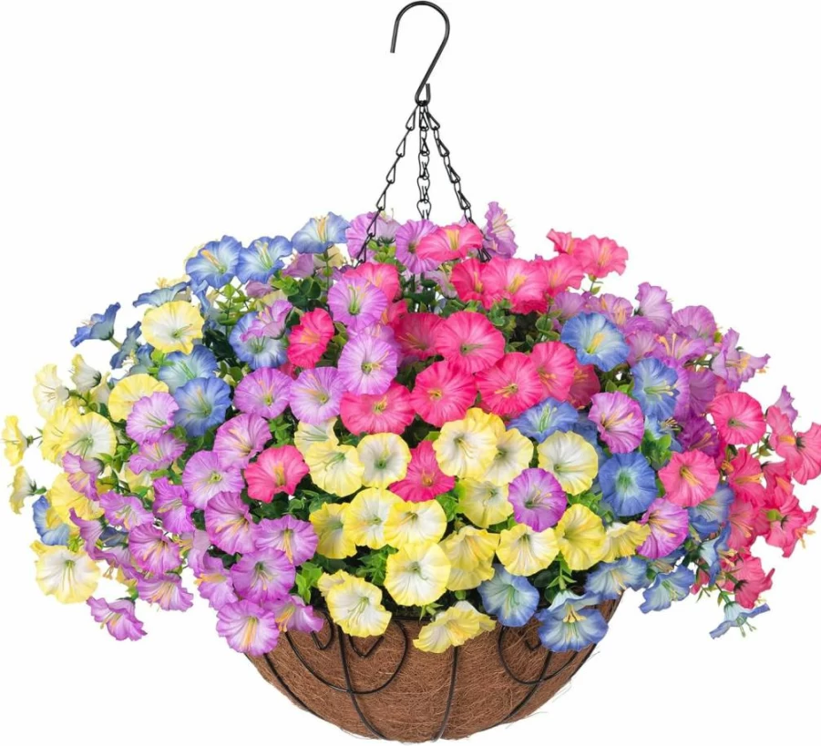 Ivydale Artificial Hanging Plants Basket - UV Resistant Fake Morning Glory & Eucalyptus for Outdoor Porch, Patio, Balcony - Realistic Silk Flowers for Home & Garden Decor