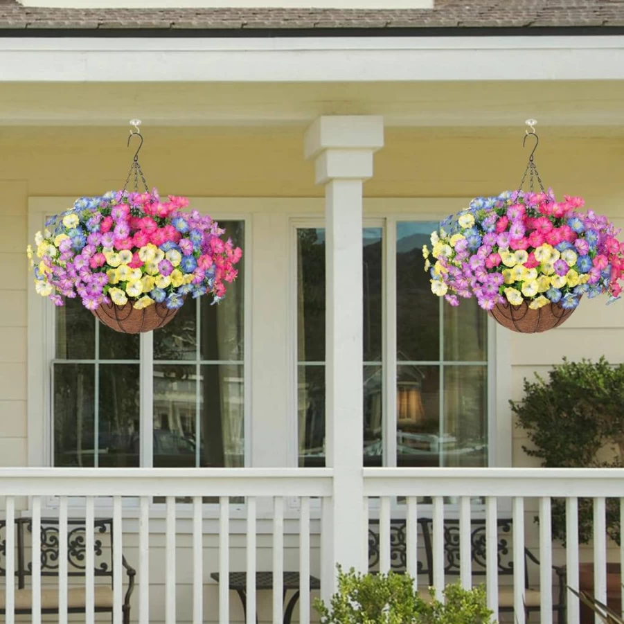Ivydale Artificial Hanging Plants Basket - UV Resistant Fake Morning Glory & Eucalyptus for Outdoor Porch, Patio, Balcony - Realistic Silk Flowers for Home & Garden Decor