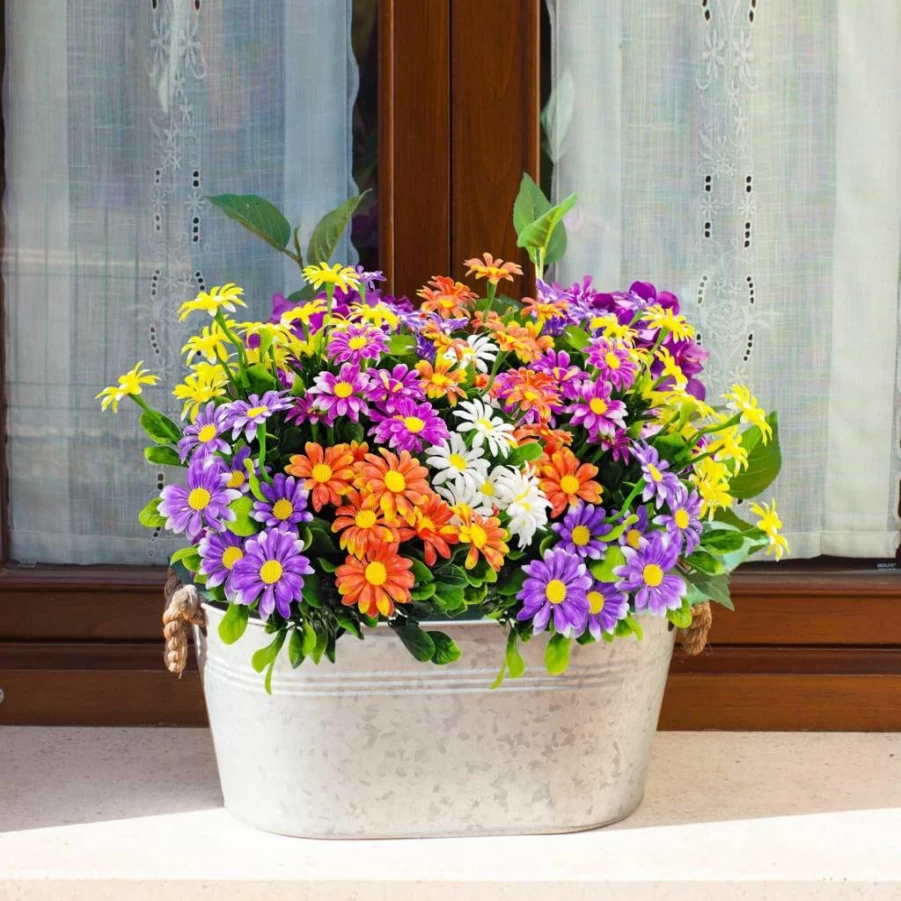 Guagb 10-Pack UV Resistant Artificial Daisies Fake Flowers for Indoor/Outdoor Decor - Multi-Color Faux Plants for Garden, Window Box & Planter