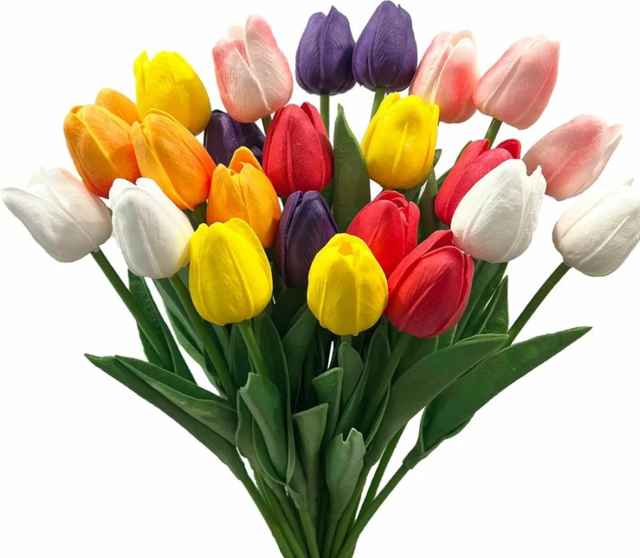24Pcs WISTART Multicolor Artificial Tulip Flowers Bouquet - Real Touch Faux PU Tulips for Home, Office, Wedding, Party Decor - Perfect Mother's Day Gift Idea