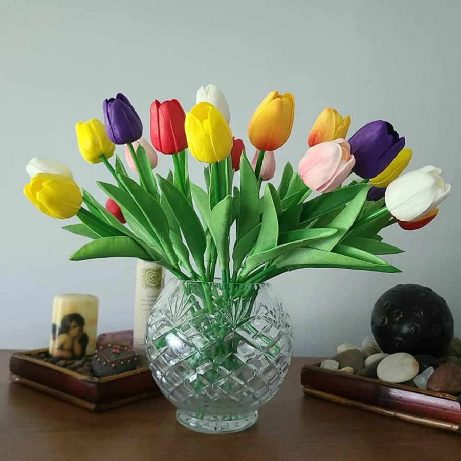 24Pcs WISTART Multicolor Artificial Tulip Flowers Bouquet - Real Touch Faux PU Tulips for Home, Office, Wedding, Party Decor - Perfect Mother's Day Gift Idea