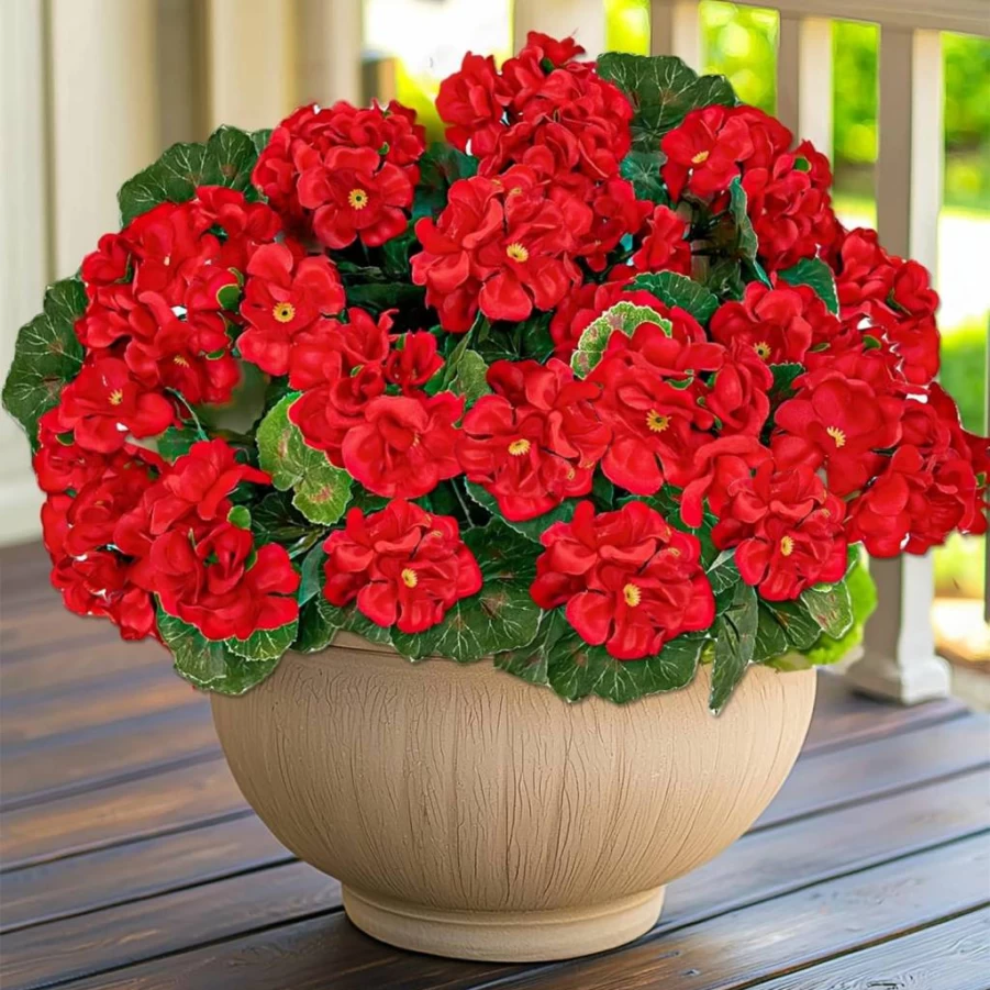 TURNMEON Artificial Geranium Flowers 4 Bundles UV Resistant Faux Silk Plants for Outdoor Indoor Home Garden Planter Patio Porch Spring Summer Decor (Red)
