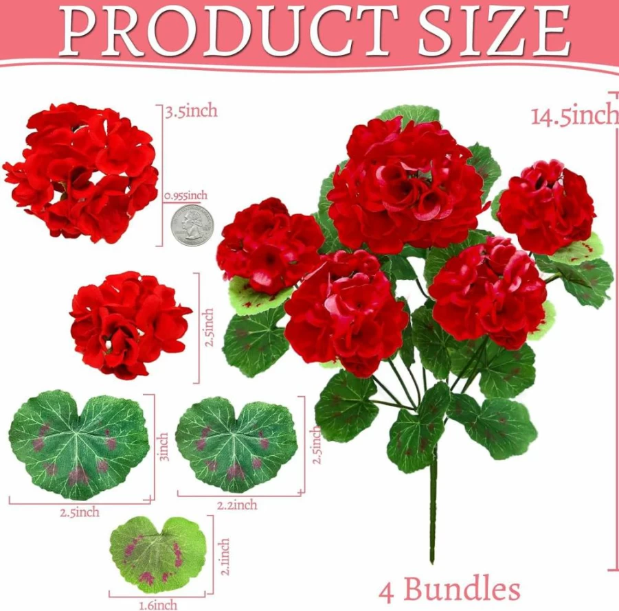TURNMEON Artificial Geranium Flowers 4 Bundles UV Resistant Faux Silk Plants for Outdoor Indoor Home Garden Planter Patio Porch Spring Summer Decor (Red)