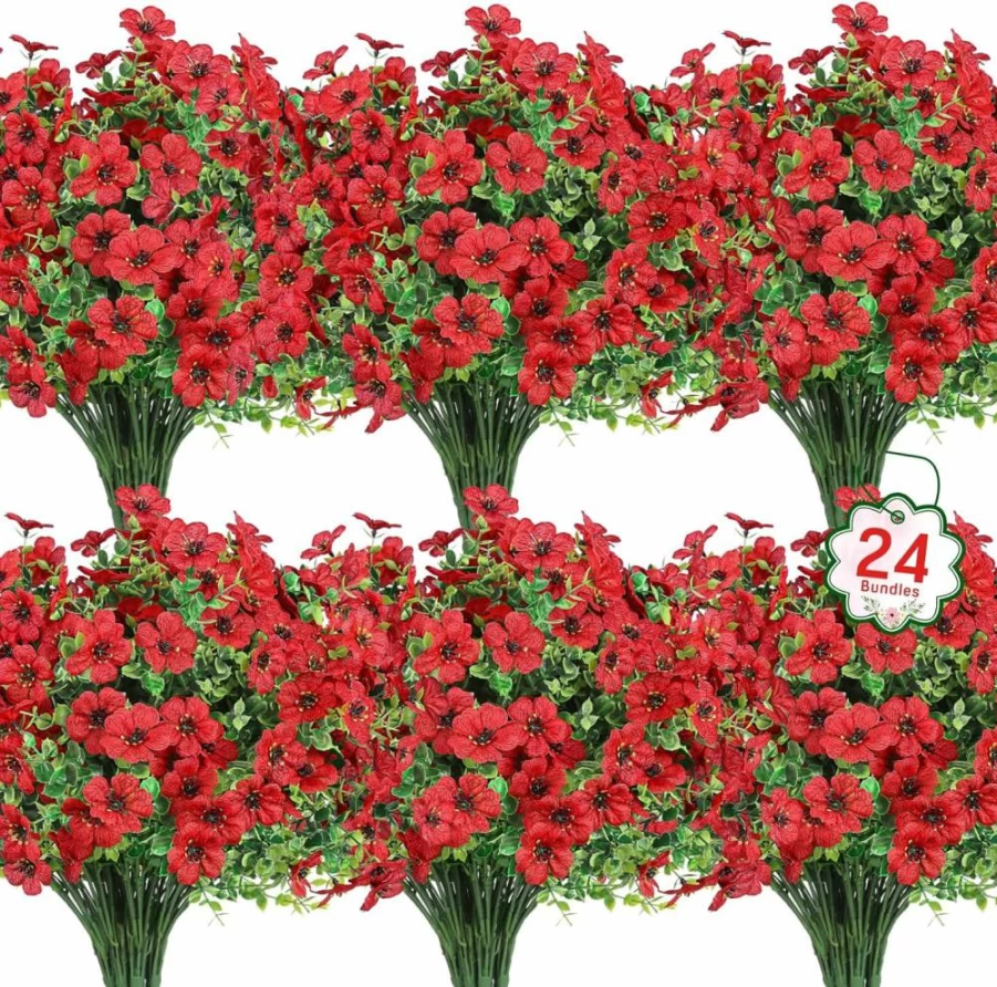 Ouddy Decor 24 Bundles UV Resistant Artificial Silk Flowers for Indoor Outdoor Decoration - Mixed Faux Plants for Garden, Porch, Window Box, Table Vase in Spring Summer