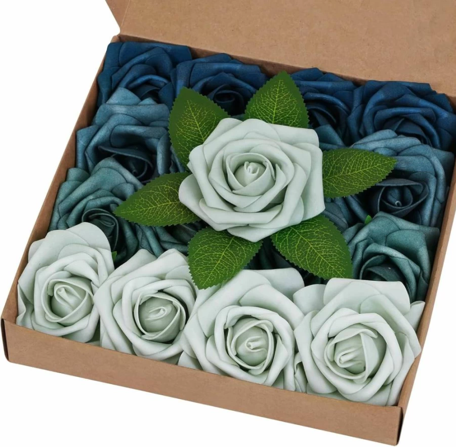 BLEUM CADE 16-Piece Artificial Roses with Stems - Royal Blue Foam Flowers for DIY Bouquets, Wedding Centerpieces, Bridal Shower Decor, and Party Arrangements