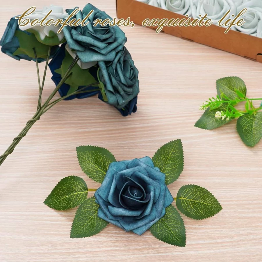 BLEUM CADE 16-Piece Artificial Roses with Stems - Royal Blue Foam Flowers for DIY Bouquets, Wedding Centerpieces, Bridal Shower Decor, and Party Arrangements