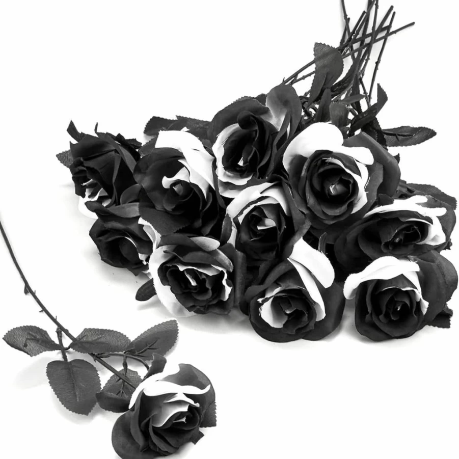 TUZAZO 10Pcs Black and White Artificial Silk Roses with Stems, Realistic Faux Flowers for Gothic Wedding Bouquet, Bridal Decor, Home, Office, Hotel Floral Arrangements