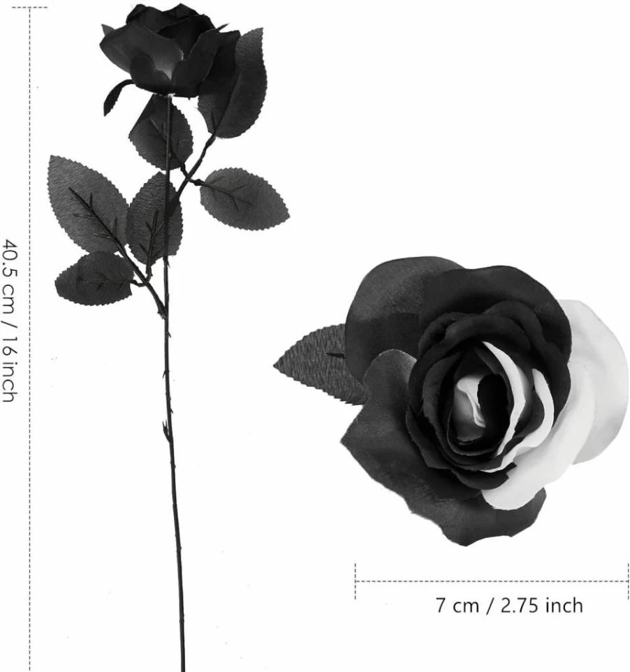 TUZAZO 10Pcs Black and White Artificial Silk Roses with Stems, Realistic Faux Flowers for Gothic Wedding Bouquet, Bridal Decor, Home, Office, Hotel Floral Arrangements