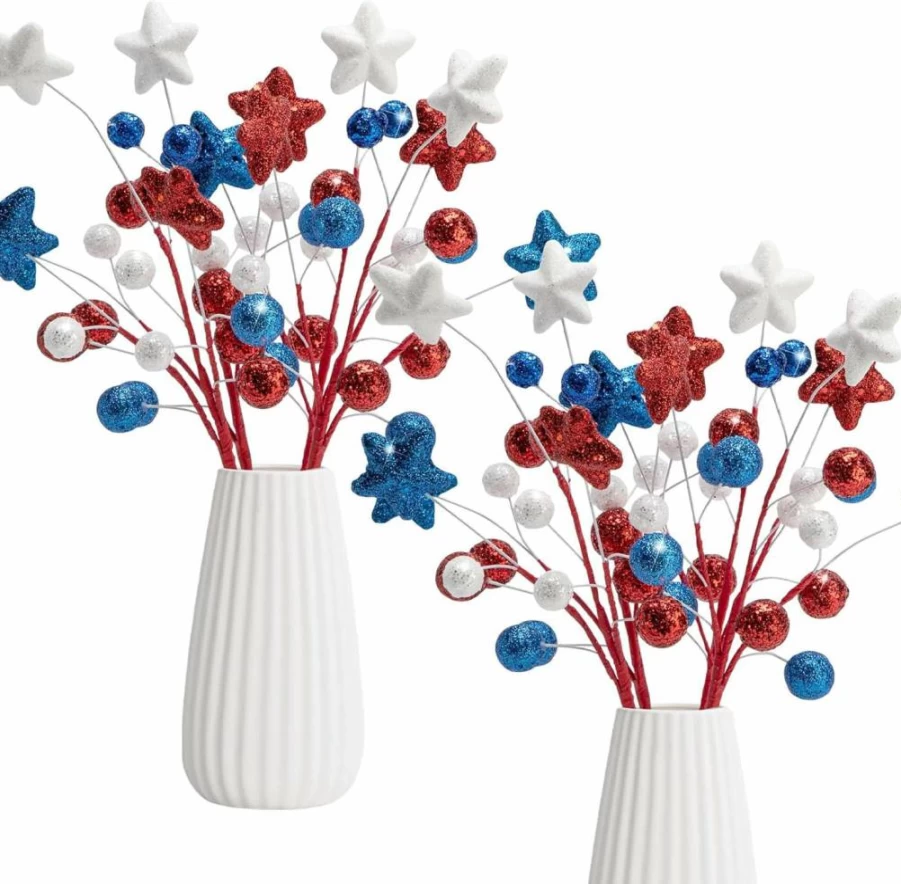 Watayo 4th of July Glitter Ball Stems - 15" Red White Blue Patriotic Berry Branches for Independence Day, Memorial Day, Home & Party Decorations