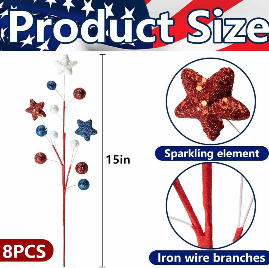 Watayo 4th of July Glitter Ball Stems - 15" Red White Blue Patriotic Berry Branches for Independence Day, Memorial Day, Home & Party Decorations