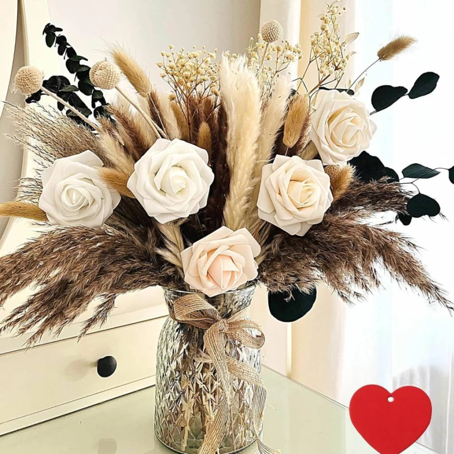 RyddeligHome 100Pcs Artificial Flower Arrangement Set with Vase - Elegant Dining Table Centerpiece, Fake Flowers in Vase, Dried Pampas Grass Decor for Coffee Table, Wedding, Home Decor
