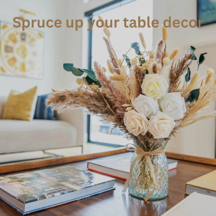 RyddeligHome 100Pcs Artificial Flower Arrangement Set with Vase - Elegant Dining Table Centerpiece, Fake Flowers in Vase, Dried Pampas Grass Decor for Coffee Table, Wedding, Home Decor