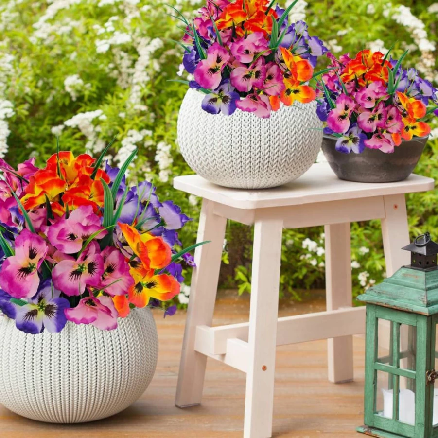FOUSAKA 10 Pack UV Resistant Artificial Pansy Flowers - Realistic Fake Outdoor Plants for Garden, Porch, Window Boxes - Indoor/Outdoor Faux Silk Decor (Multicolor)