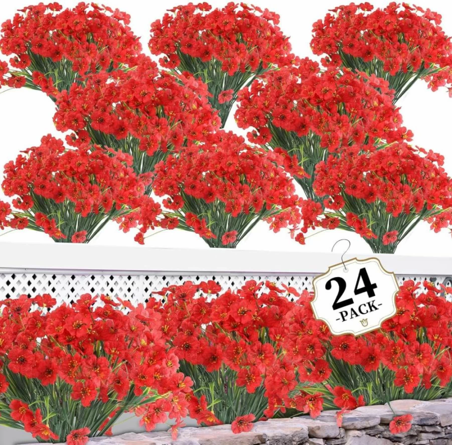 ColoPlay 24 Bundles Artificial Flowers for Outdoor & Indoor Use, Fake Plants for Garden, Porch, Window Box, Wedding, Farmhouse Decor (8 Colors)
