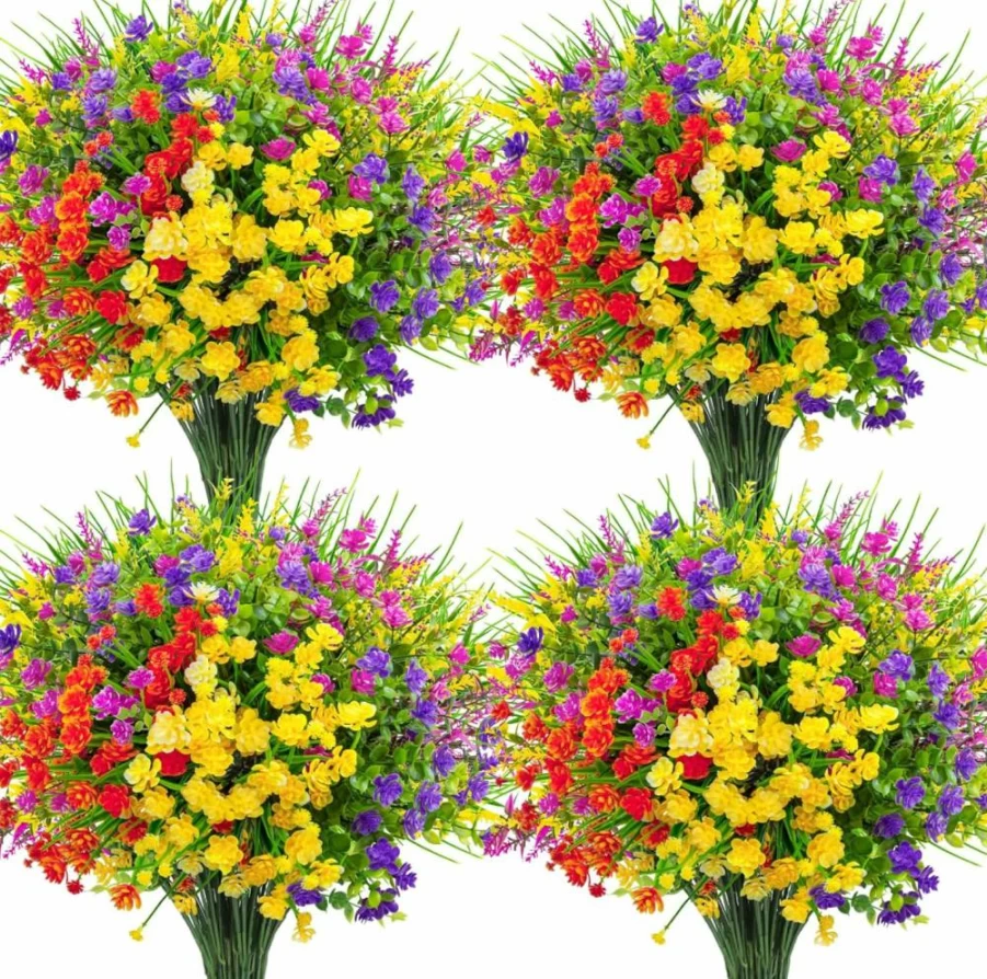 Ouddy Decor 16 Pack UV Resistant Artificial Flowers for Outdoor Garden, Patio, Window Box, Table Decor - Faux Plastic Plants & Greenery for Home, Office, Spring Summer Decoration