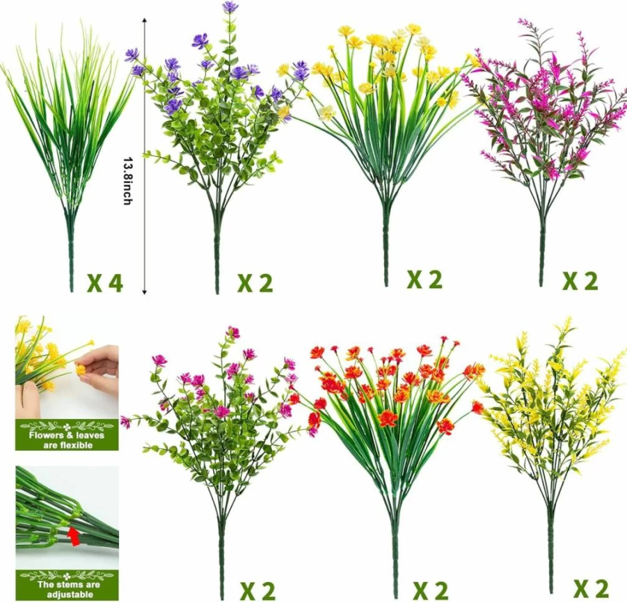 Ouddy Decor 16 Pack UV Resistant Artificial Flowers for Outdoor Garden, Patio, Window Box, Table Decor - Faux Plastic Plants & Greenery for Home, Office, Spring Summer Decoration