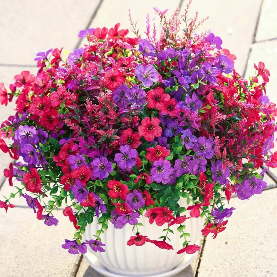 Shareconn 24 Bundles UV Resistant Artificial Flowers for Outdoor Decor, Faux Silk Daisy Eucalyptus Lavender Plants, Colorful Fake Flowers for Patio Porch Home Indoor Spring Decoration, 4 Mixed Colors