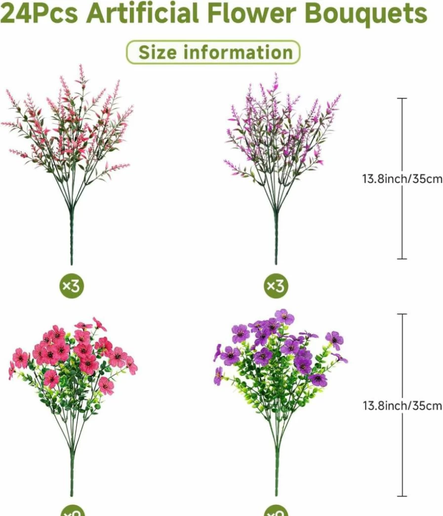 Shareconn 24 Bundles UV Resistant Artificial Flowers for Outdoor Decor, Faux Silk Daisy Eucalyptus Lavender Plants, Colorful Fake Flowers for Patio Porch Home Indoor Spring Decoration, 4 Mixed Colors