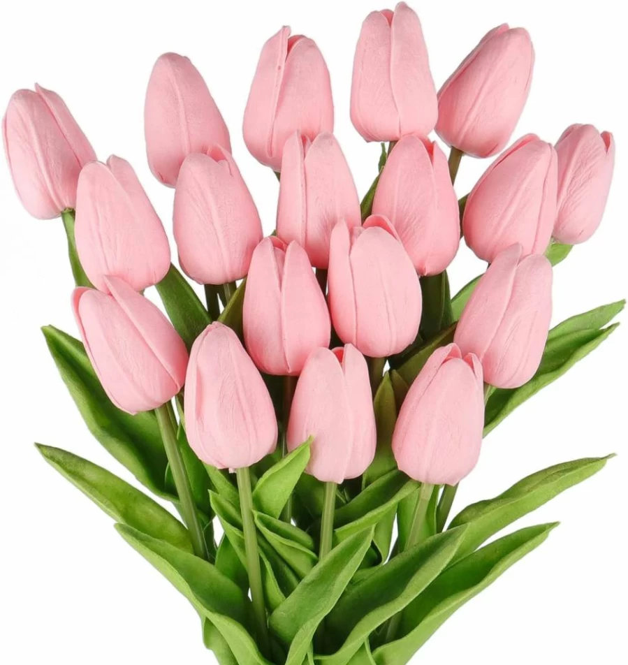 Beferr 18Pcs White Silk Tulip Artificial Flowers - Real Touch Faux Tulips Bouquet for Home Decor, Mother's Day, Easter, Spring Gifts
